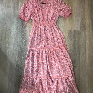 Max Studio Floral Tiered Maxi Dress Boho Cottagecore Ruffle Sleeve Smocked Waist